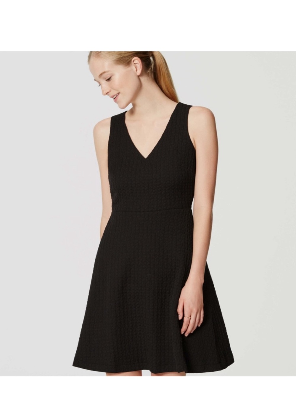 LOFT Black Textured V-Neck Fit & Flare Dress